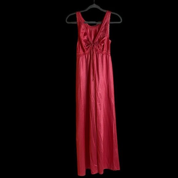 70s Vintage Nylon and Lace vneck Maxi Sleep dress pink medium large - Picture 2 of 8
